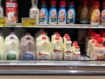 Strictly organic milk on store shelf